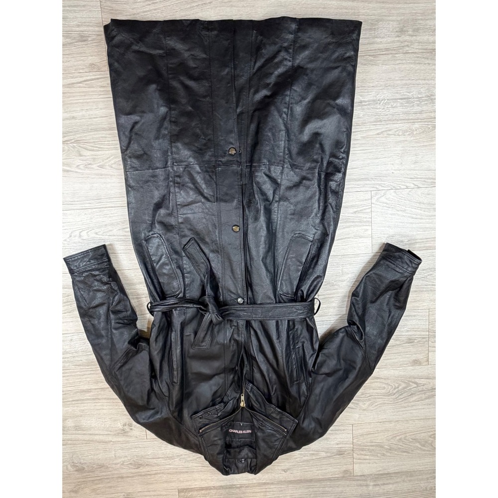 Vintage 90s Charles Klein Black Leather Trench‎ Coat Belted Full Length L Goth